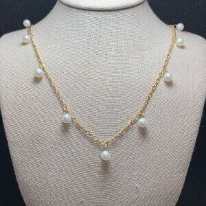 14k Yellow Gold Cultured Pearl Station Necklace 4.4mm Round, 16" Long Rope Chain
